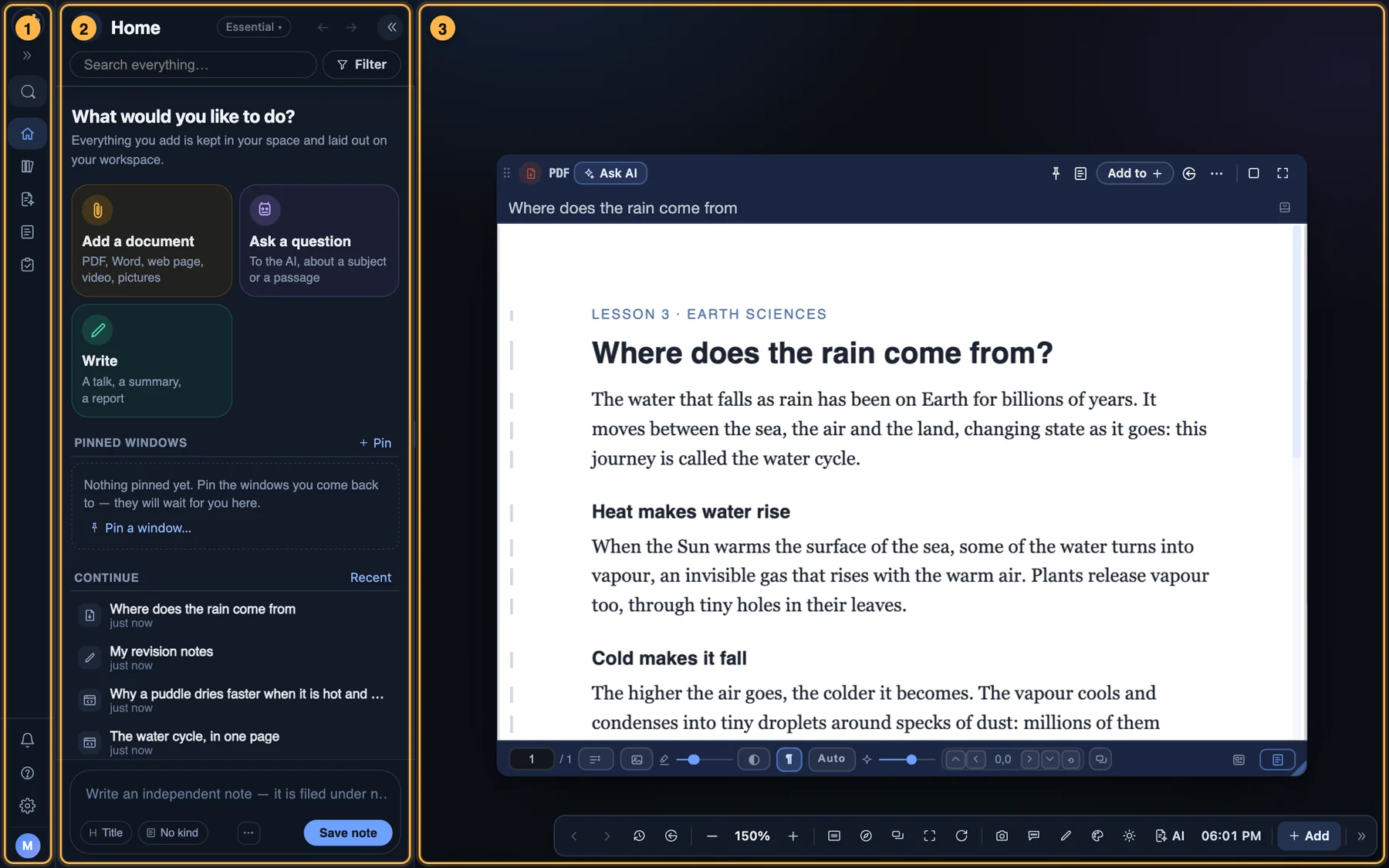The three parts of the screen