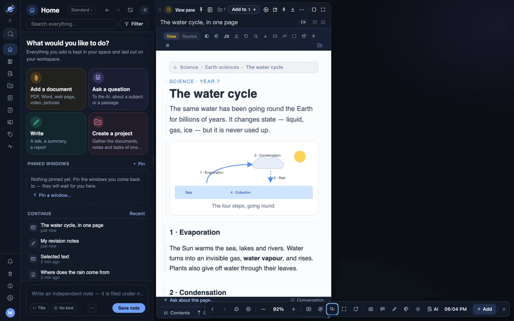 Orbital’s workspace: Home on the left, revision notes and a lesson open side by side