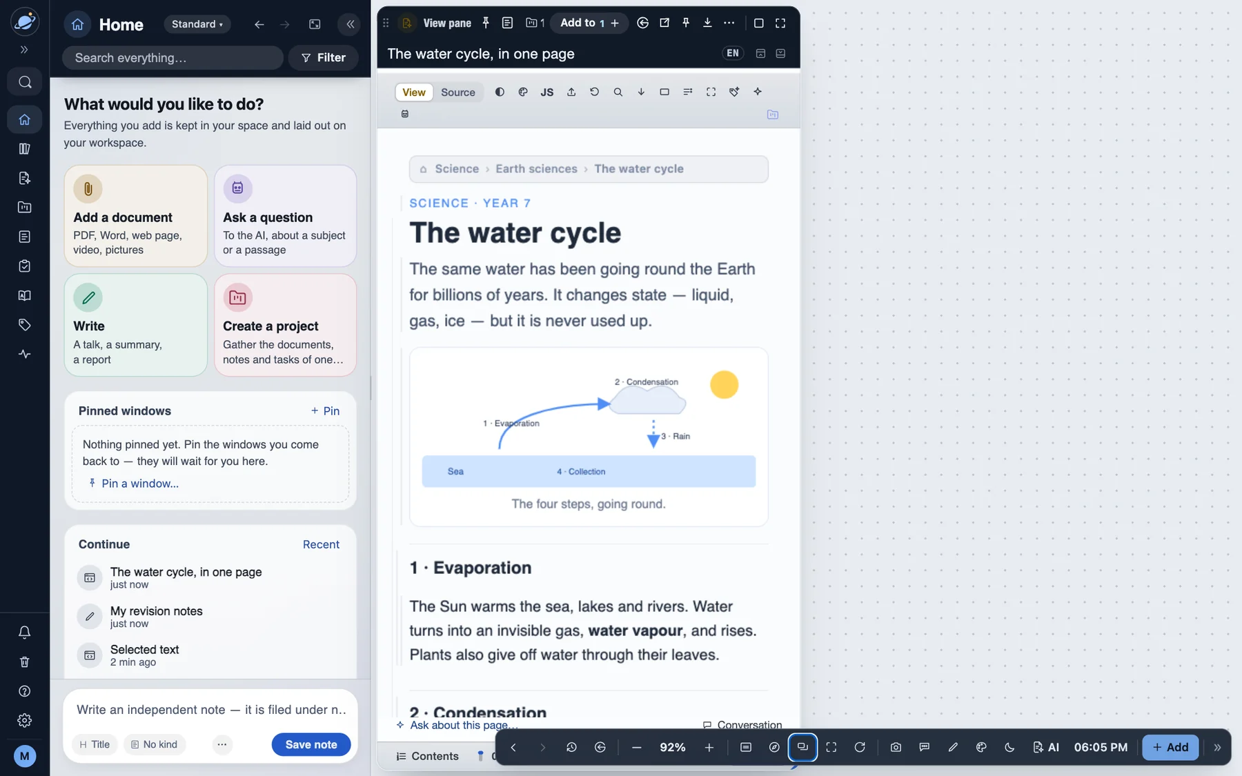 Orbital’s workspace: Home on the left, revision notes and a lesson open side by side