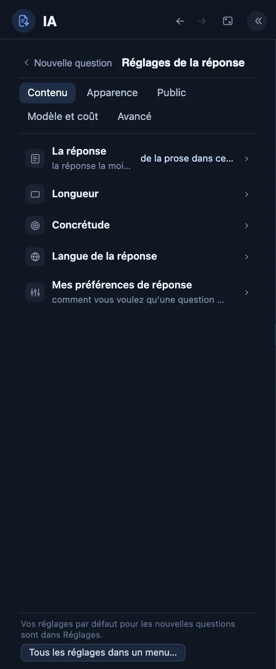 Tous les réglages de la réponse