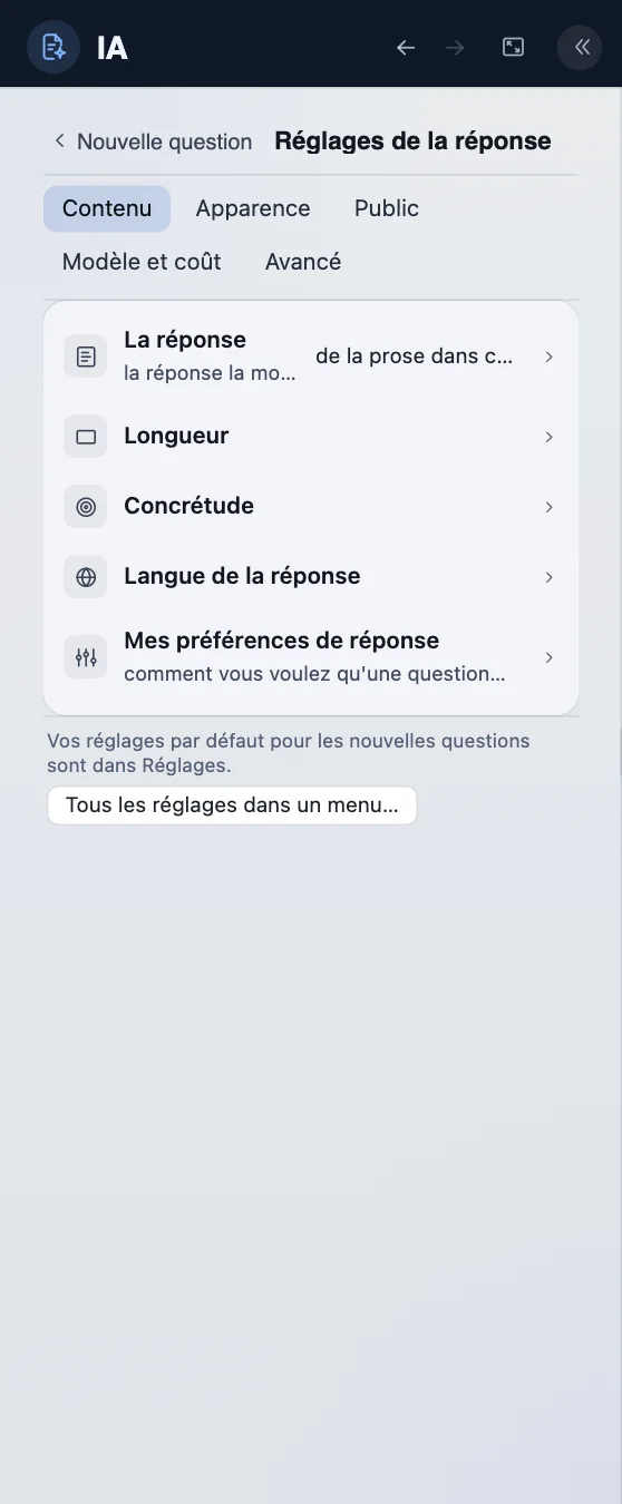 Tous les réglages de la réponse