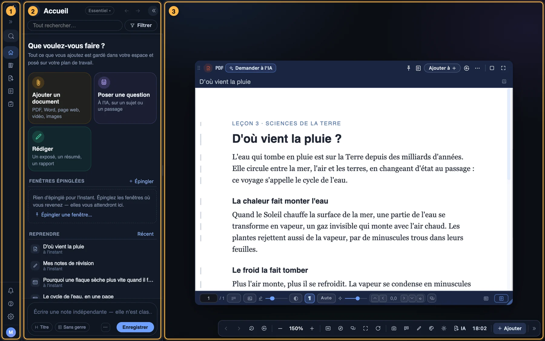 Les trois parties de l'écran