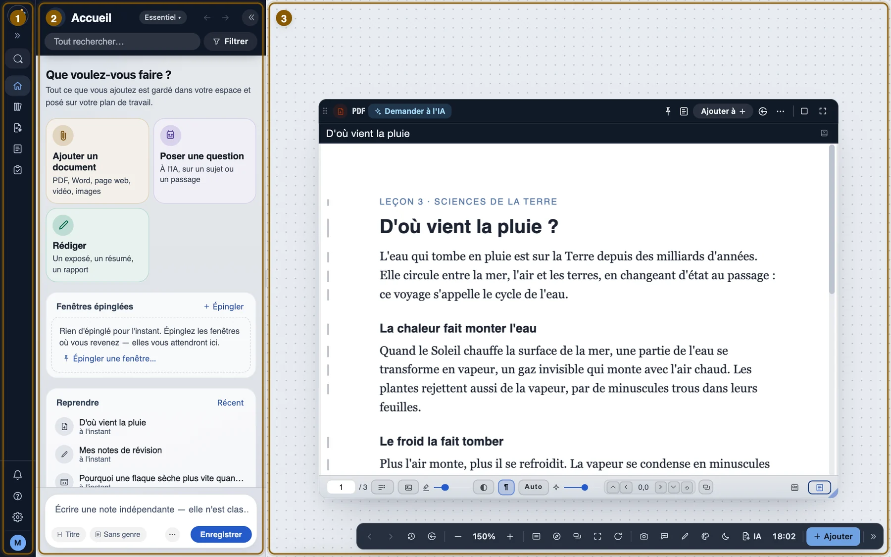 Les trois parties de l'écran
