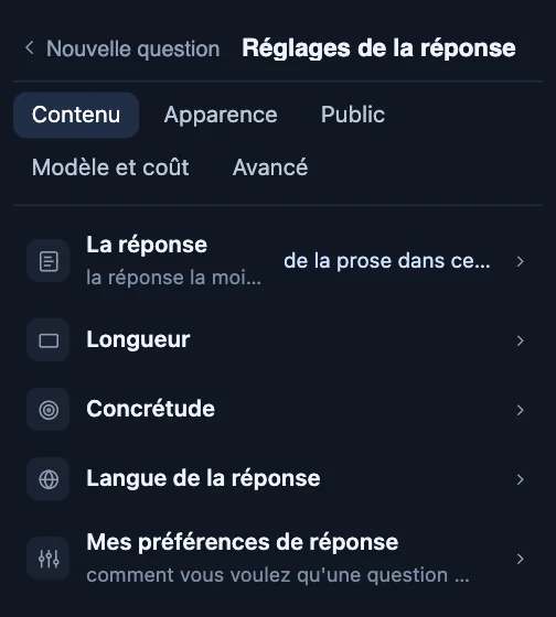 Réglages de la réponse