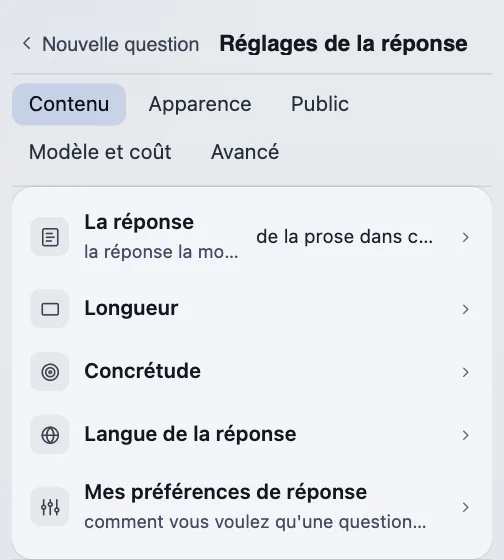Réglages de la réponse