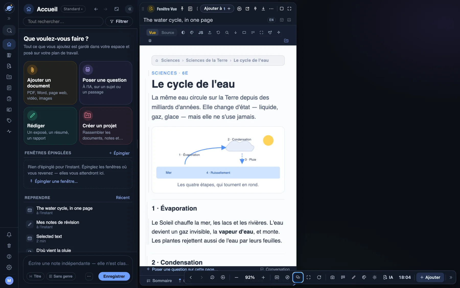 Le plan de travail d’Orbital&nbsp;: l’accueil à gauche, des notes de révision et une leçon ouvertes côte à côte