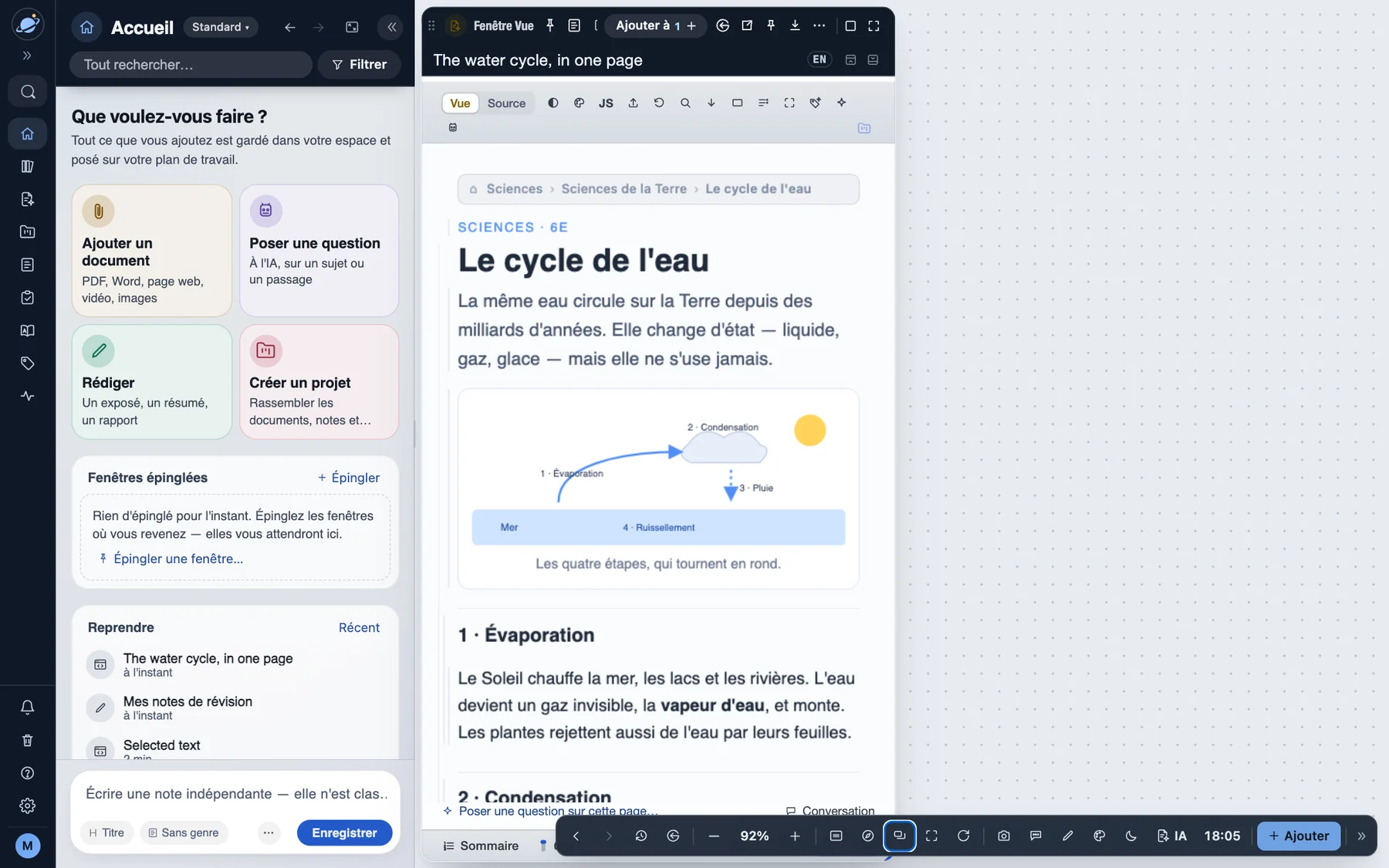 Le plan de travail d’Orbital&nbsp;: l’accueil à gauche, des notes de révision et une leçon ouvertes côte à côte