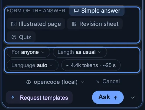 The question card: the form of the answer, who it is for, its length and language, the AI model and the cost