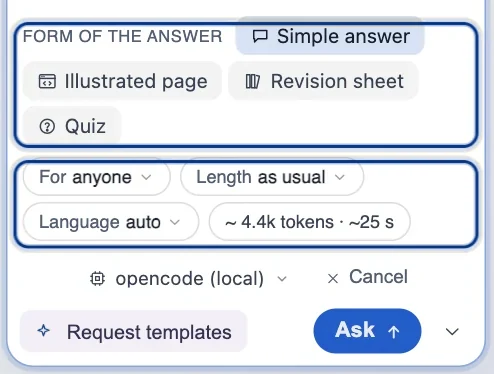 The question card: the form of the answer, who it is for, its length and language, the AI model and the cost