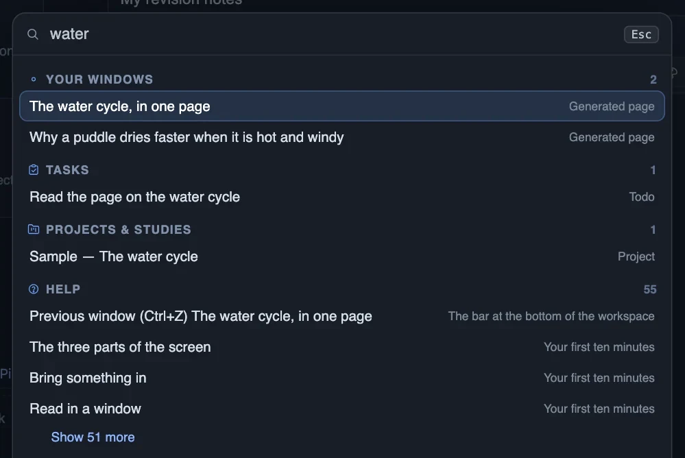 One search: generated pages, documents, tasks and projects, grouped by kind
