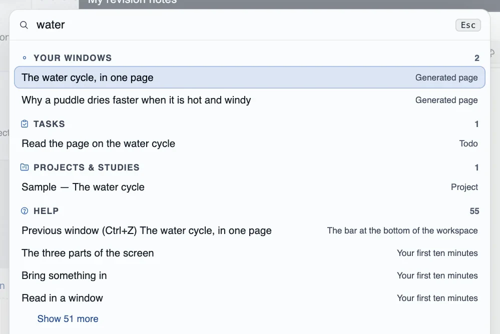 One search: generated pages, documents, tasks and projects, grouped by kind