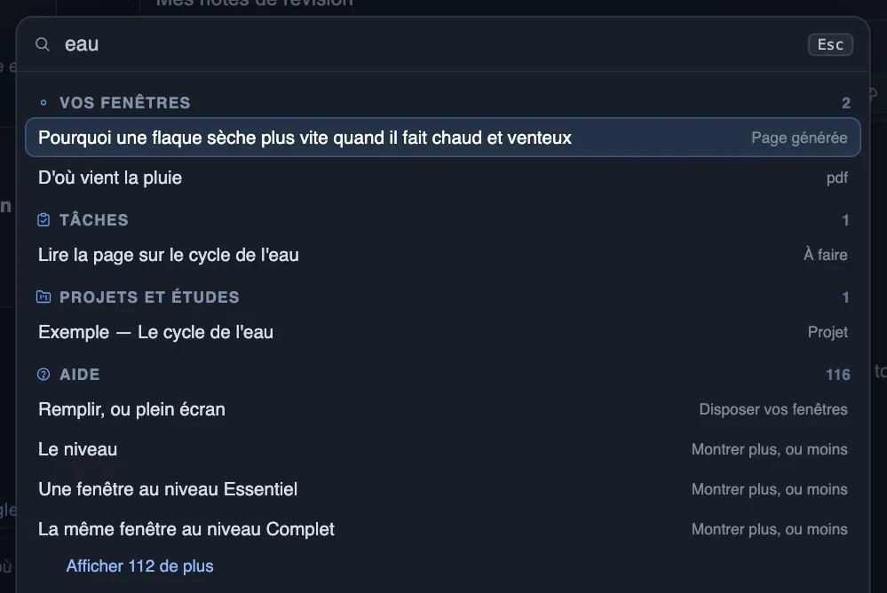 Une seule recherche&nbsp;: pages générées, documents, tâches et projets, groupés par catégorie