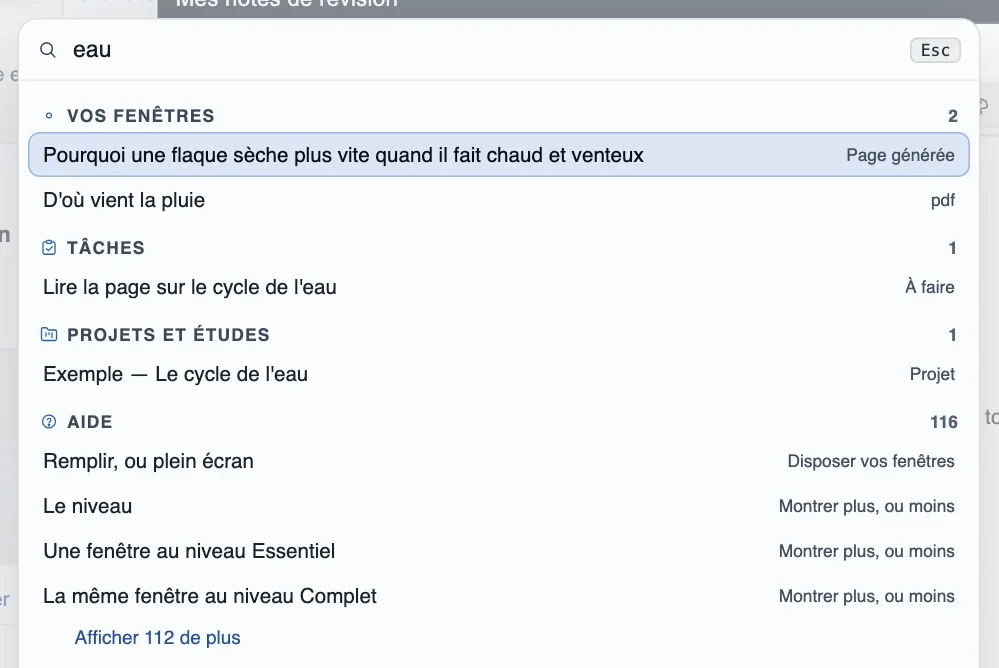 Une seule recherche&nbsp;: pages générées, documents, tâches et projets, groupés par catégorie
